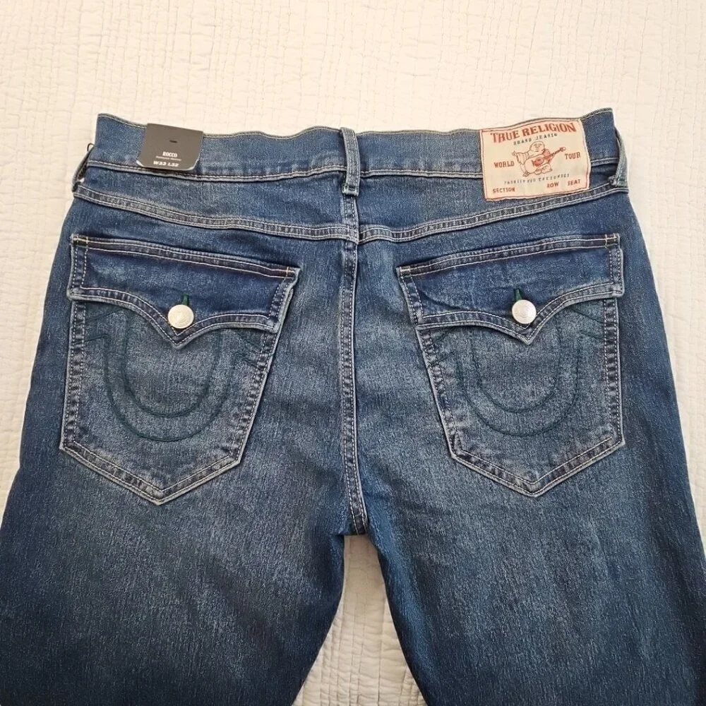 True Religion Rocco Jeans Men's 33x32 NWT Flap Pockets Green Contrast Stitch NEW